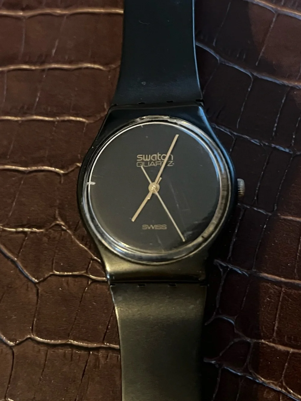 Swatch Black Men's Minimalist Analog Watch with Gold Hands